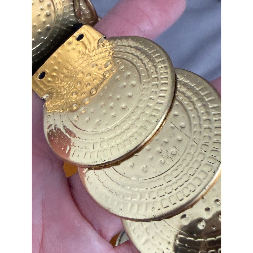 Vintage Gold Tone Metal Coin Scale Link and‎ Mustard Yellow Elastic Belt Set 3pc - Picture 15 of 16